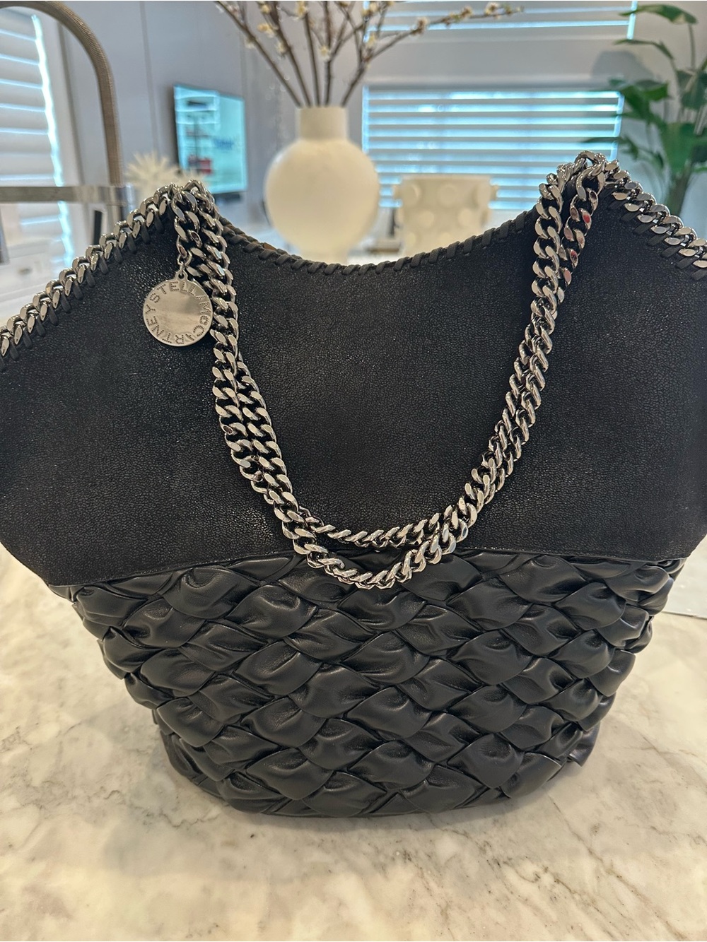 Stella McCartney Black Quilted Braided Tote with Silver Chain Trim